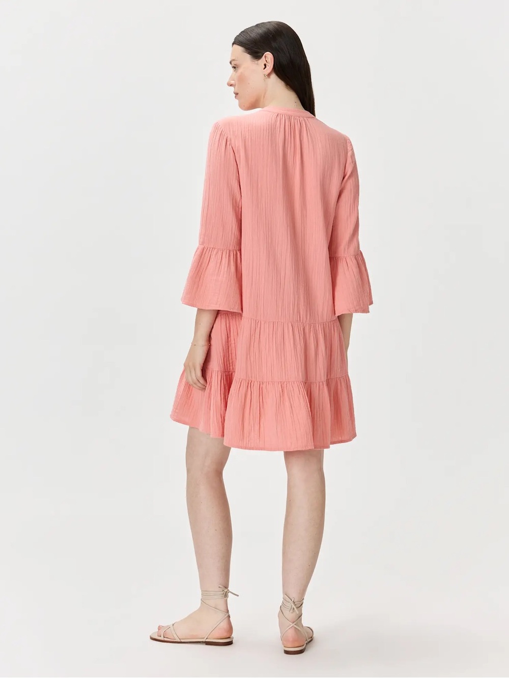 Quince Coral Pink Tiered Mini Dress Organic Cotton Gauze Tiered Size S - Picture 3 of 7